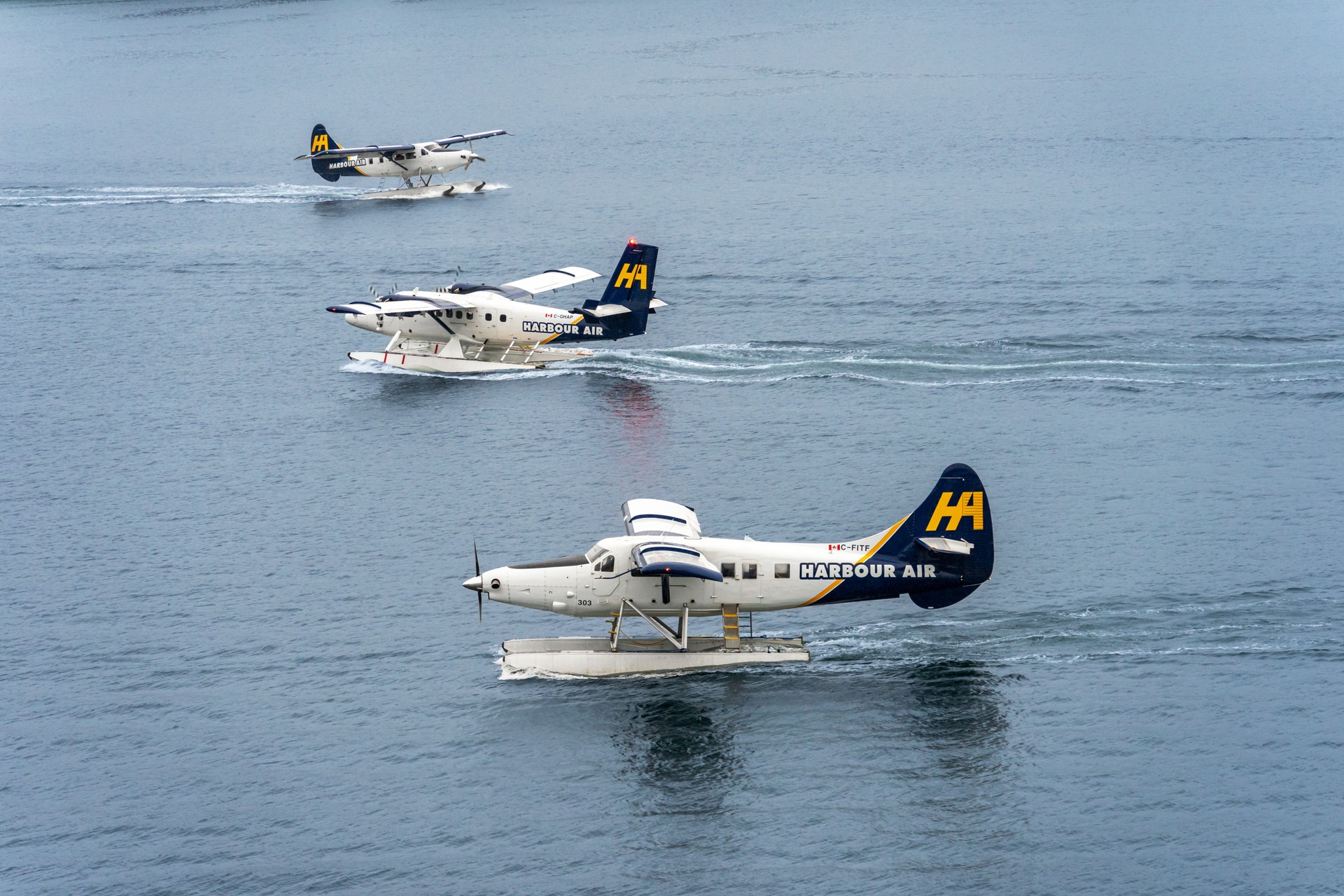 Drei Wasserflugzeuge von Harbour Air in Vancouver