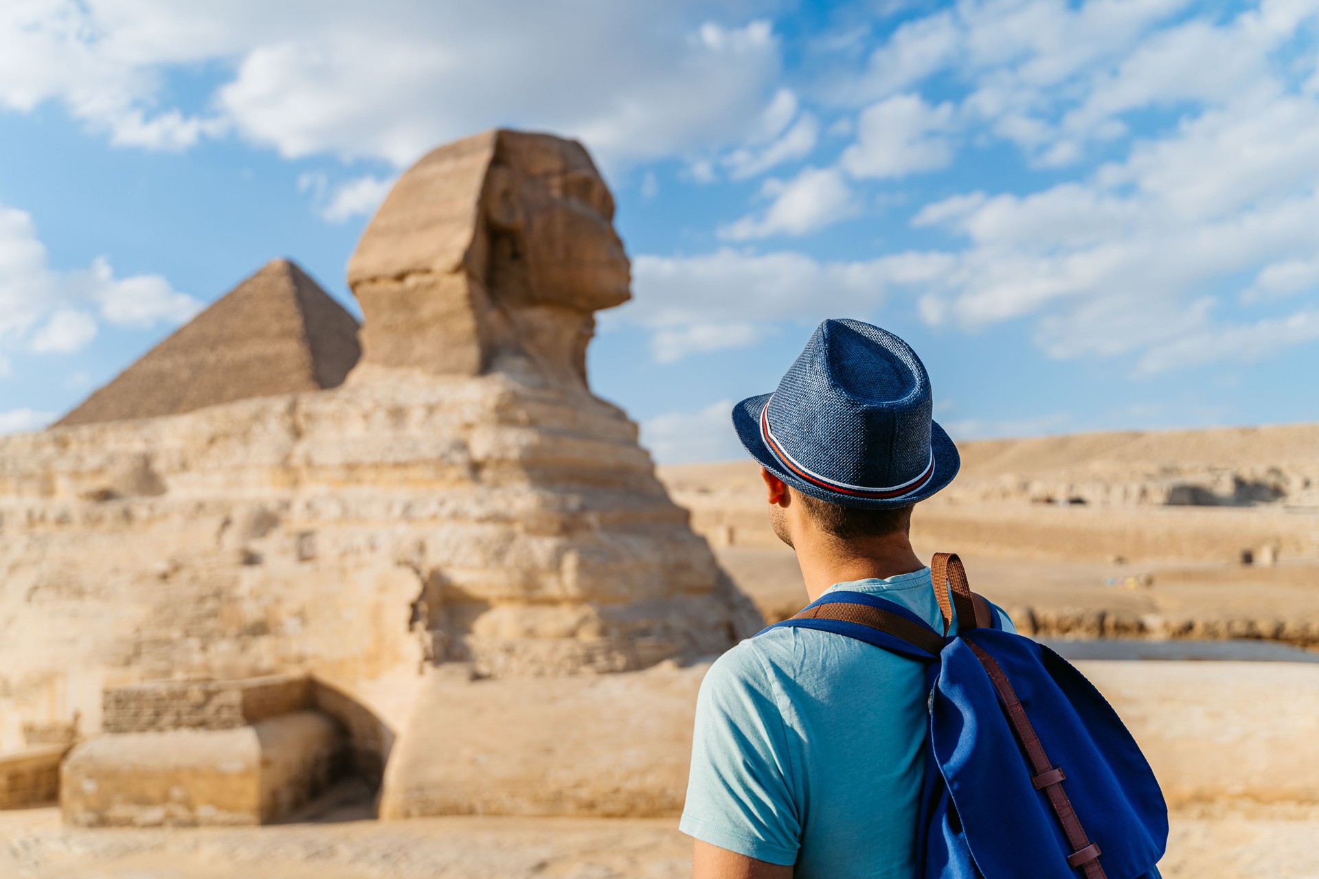 Young Man Enjoying The View Of The Great Sphinx Of Giza In Cairo